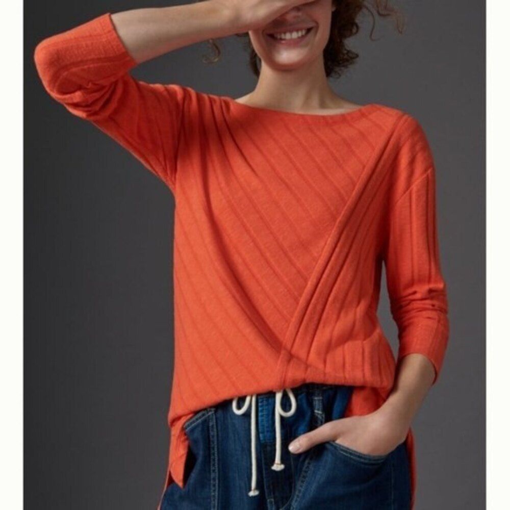 Anthropologie Maeve Ribbed Boat Neck High Low Hem Tunic Sweater Top (NWT)
